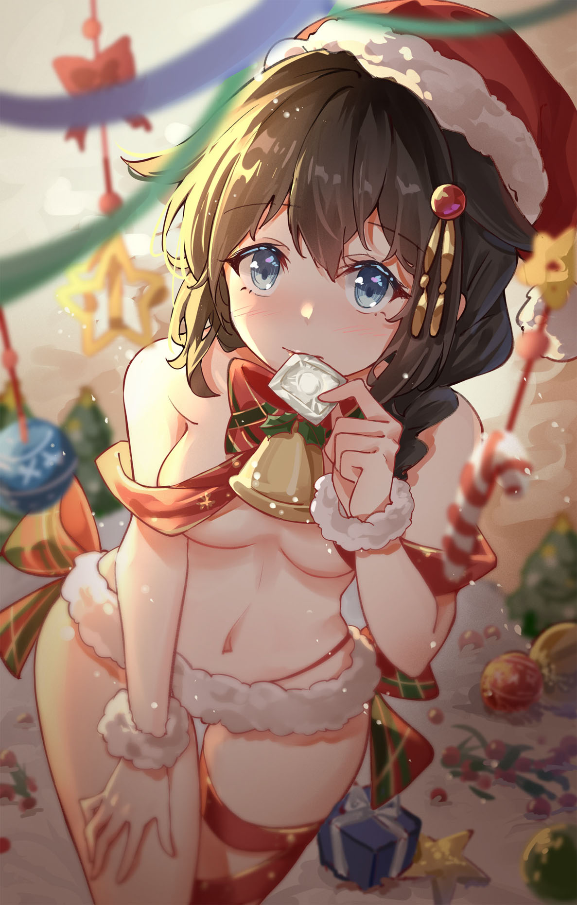 1girl bangs bauble bell blue_eyes blurry blush bow bowtie box braid breasts brown_hair condom condom_in_mouth depth_of_field eyebrows_visible_through_hair fur_panties gift gift_box hair_over_shoulder hat highres holding holding_condom kantai_collection long_hair looking_at_viewer mouth_hold navel red_bow red_headwear red_neckwear santa_hat scarlet_dango scrunchie shigure_(kantai_collection) single_braid small_breasts solo star_(symbol) stomach thigh_gap thigh_strap wavy_hair wrist_scrunchie