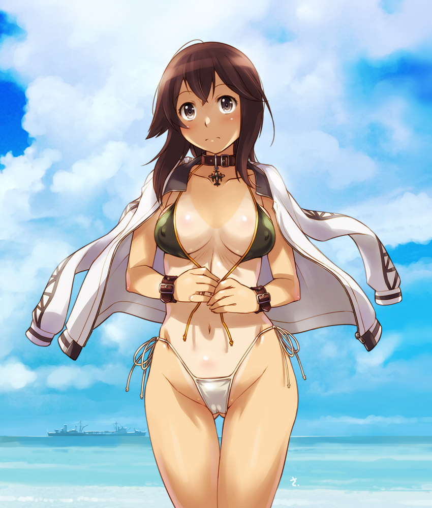 1girl alternate_costume bikini black_hair blue_sky breasts day front-tie_bikini front-tie_top green_bikini hayasui_(kantai_collection) jacket jacket_on_shoulders kantai_collection medium_breasts navel one-piece_tan outdoors sameha_ikuya short_hair side-tie_bikini silver_eyes sky solo swimsuit tan tanline track_jacket untied untied_bikini white_bikini white_jacket