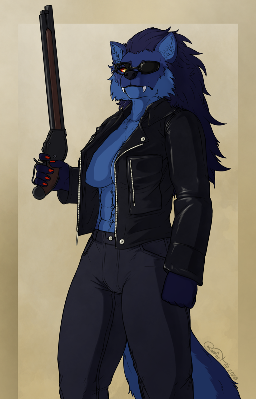 2020 anthro blokfort breasts canid canine canis clothed clothing exposed_breasts eyewear fangs female gun hi_res jacket mammal mane ranged_weapon simple_background solo sunglasses terminator topless topwear weapon wolf