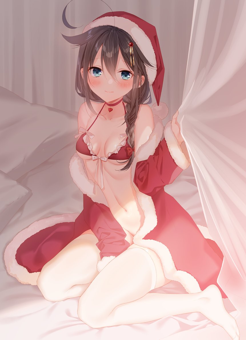 1girl ahoge alternate_costume bangs bed bikini bikini_top blue_eyes blush bottomless braid breasts brown_hair christmas coat fur_trim hair_between_eyes hair_flaps hair_ornament hat heart kantai_collection long_hair long_sleeves medium_breasts naoto_(tulip) pillow red_coat remodel_(kantai_collection) santa_costume santa_hat shigure_(kantai_collection) single_braid sitting smile solo swimsuit thighhighs white_legwear