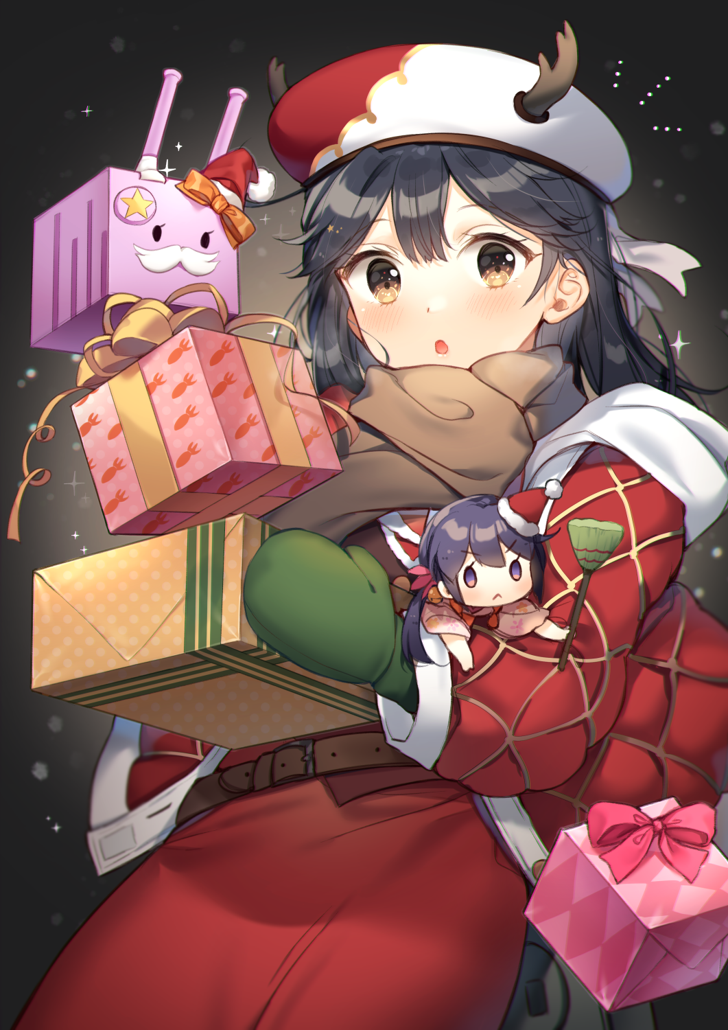 1girl akebono_(kantai_collection) black_hair blush box brown_eyes brown_scarf character_doll christmas cowboy_shot eyebrows_visible_through_hair frills fringe_trim gift gift_box hair_between_eyes highres hiiragi_souren kantai_collection long_hair mittens santa_costume scarf turret ushio_(kantai_collection)