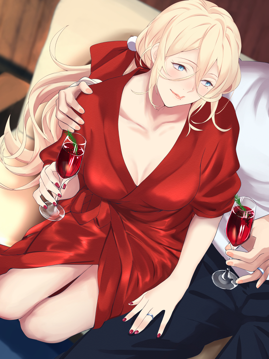 1boy 1girl admiral_(kantai_collection) alcohol black_pants blonde_hair blue_eyes blush breasts closed_mouth collarbone cup drinking_glass fingernails highres holding holding_cup jewelry kantai_collection large_breasts long_hair mole mole_under_eye mole_under_mouth nail_polish pants red_nails richelieu_(kantai_collection) ring shingyou_(alexander-13) shirt short_sleeves wedding_band white_shirt wine wine_glass