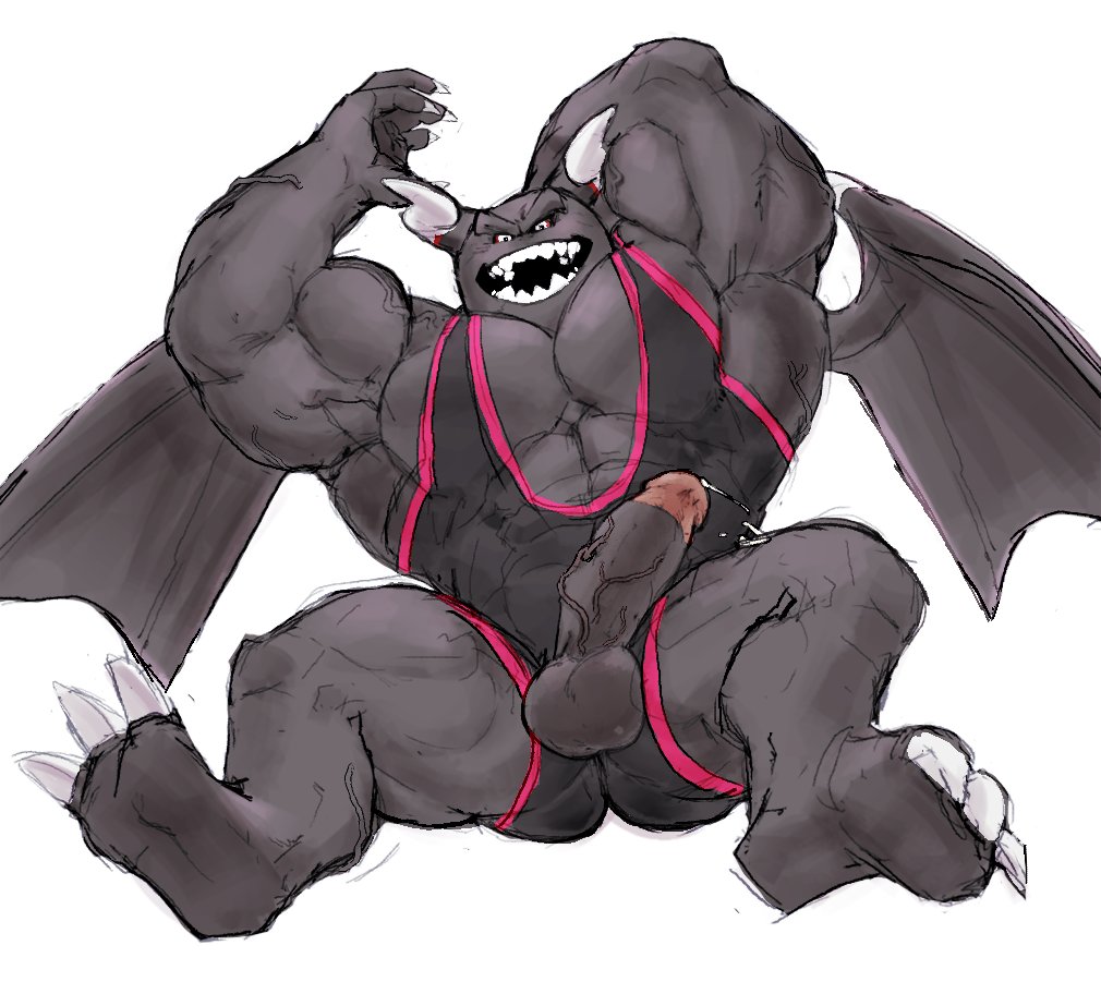 2020 abs anthro balls barazoku biceps big_muscles black_body bodily_fluids claws cum dragaux dragon erection genital_fluids genitals hand_behind_head horn humanoid_genitalia humanoid_penis looking_at_viewer male muscular muscular_anthro muscular_male nintendo open_mouth open_smile pecs penis ring_fit_adventure scalie simple_background sitting smile soles solo tora_gy vein veiny_penis video_games white_background wings wrestling_singlet