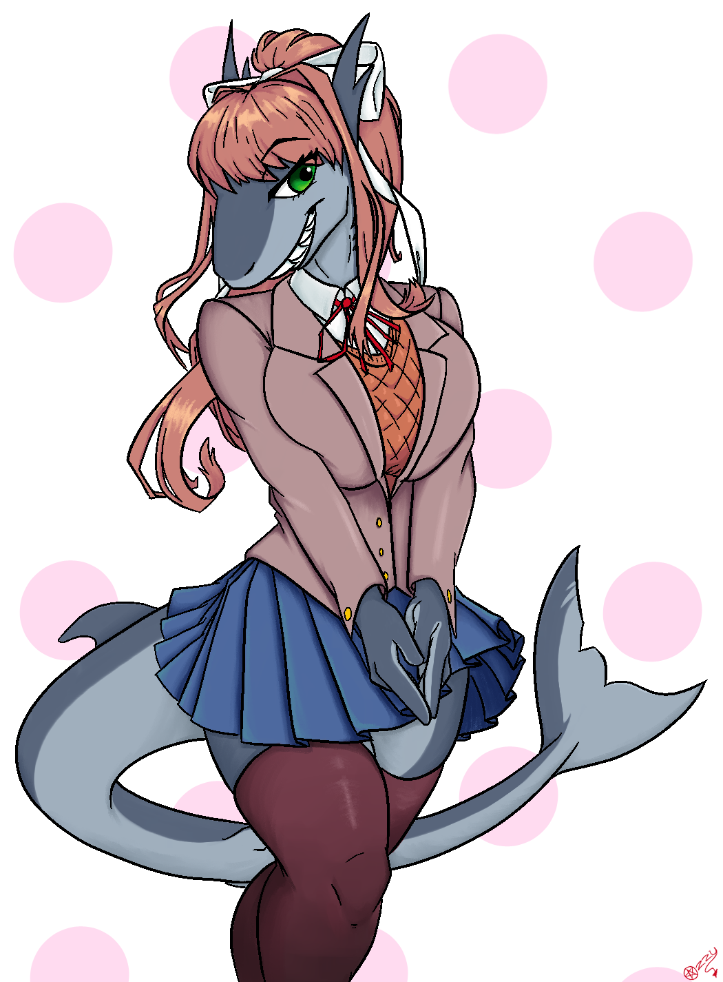 accessory anthro azzydrawsstuff blue_body bottomwear breast_squish breasts brown_hair clothed clothing doki_doki_literature_club! female fish green_eyes hair hair_accessory hair_ribbon hi_res legwear long_hair marine monika_(doki_doki_literature_club!) non-mammal_breasts pleated_skirt ribbons school_uniform shark simple_background skirt smiling_at_viewer solo squish thigh_highs uniform video_games visual_novel