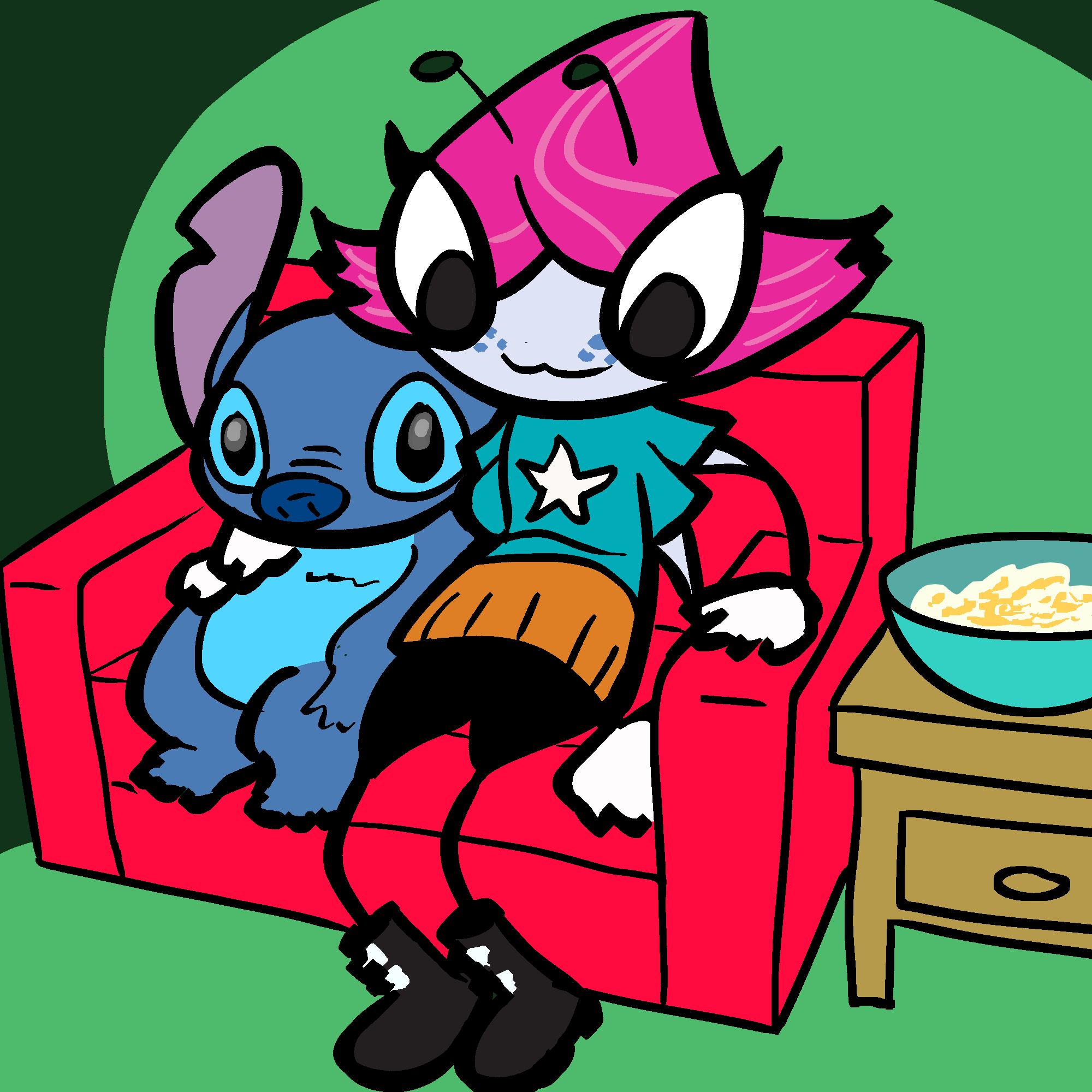 1:1 2020 4_arms aliasing alien ambiguous_gender antennae_(anatomy) anthro arthropod black_eyes blue_body blue_fur blue_nose boots clothed clothing crossover digital_drawing_(artwork) digital_media_(artwork) dipteran disney duo experiment_(lilo_and_stitch) female flat_colors food footwear freckles fur hair hi_res insect inside kajabuubuu lilo_and_stitch maggie_pesky male_(lore) multi_arm multi_limb notched_ear pink_hair popcorn shirt sitting smile stitch_(lilo_and_stitch) t-shirt the_buzz_on_maggie topwear