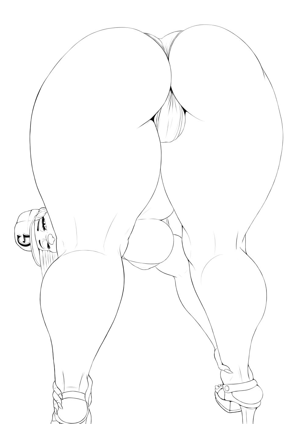 anthro ass_up big_butt breasts butt clothing female footwear grabbing_ankles gwizzly hat headgear headwear hi_res high_heels looking_at_viewer looking_back mammal monochrome presenting presenting_hindquarters shoes solo thick_thighs ursid