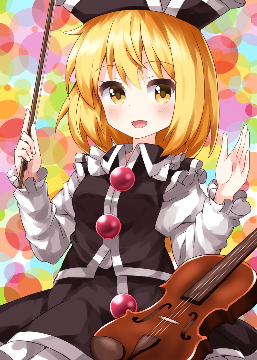 1girl :d black_dress black_headwear blonde_hair blush breasts bubble_background commentary_request cowboy_shot dress eyebrows_visible_through_hair hair_between_eyes hat highres instrument looking_at_viewer lunasa_prismriver multicolored multicolored_background open_mouth ruu_(tksymkw) short_hair small_breasts smile solo touhou violin violin_bow yellow_eyes