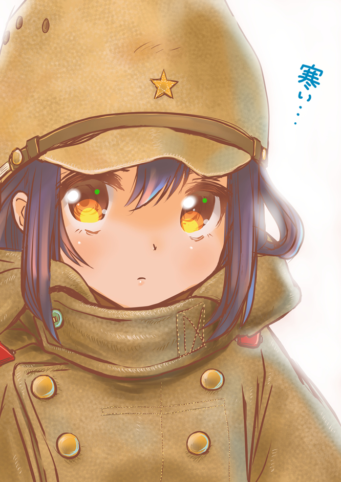 1girl black_hair brown_eyes commentary frown hat imperial_japanese_army looking_at_viewer m_tap military military_uniform original simple_background soldier stitching trench_coat uniform upper_body white_background winter_clothes winter_uniform world_war_ii