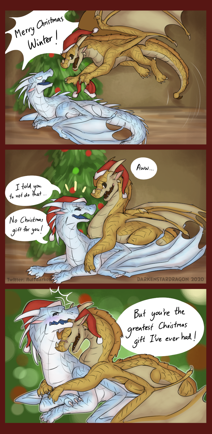 2020 blue_body blush christmas claws comic darkenstardragon dialogue digital_media_(artwork) dragon duo english_text feral hi_res holidays horn icewing_(wof) male male/male membrane_(anatomy) membranous_wings qibli_(wof) sandwing_(wof) scales scalie text wings wings_of_fire winter_(wof) yellow_body