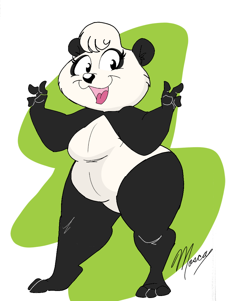 3_toes 4_fingers anthro black_eyes breasts chubby_female eyelashes featureless_breasts featureless_crotch female fingers fur gesture giant_panda hi_res jam_city mammal mature_female mosca_juanin multicolored_body multicolored_fur open_mouth panda_mom panda_pop pink_tongue simple_background slightly_chubby smile solo toes tongue toony ursid video_games