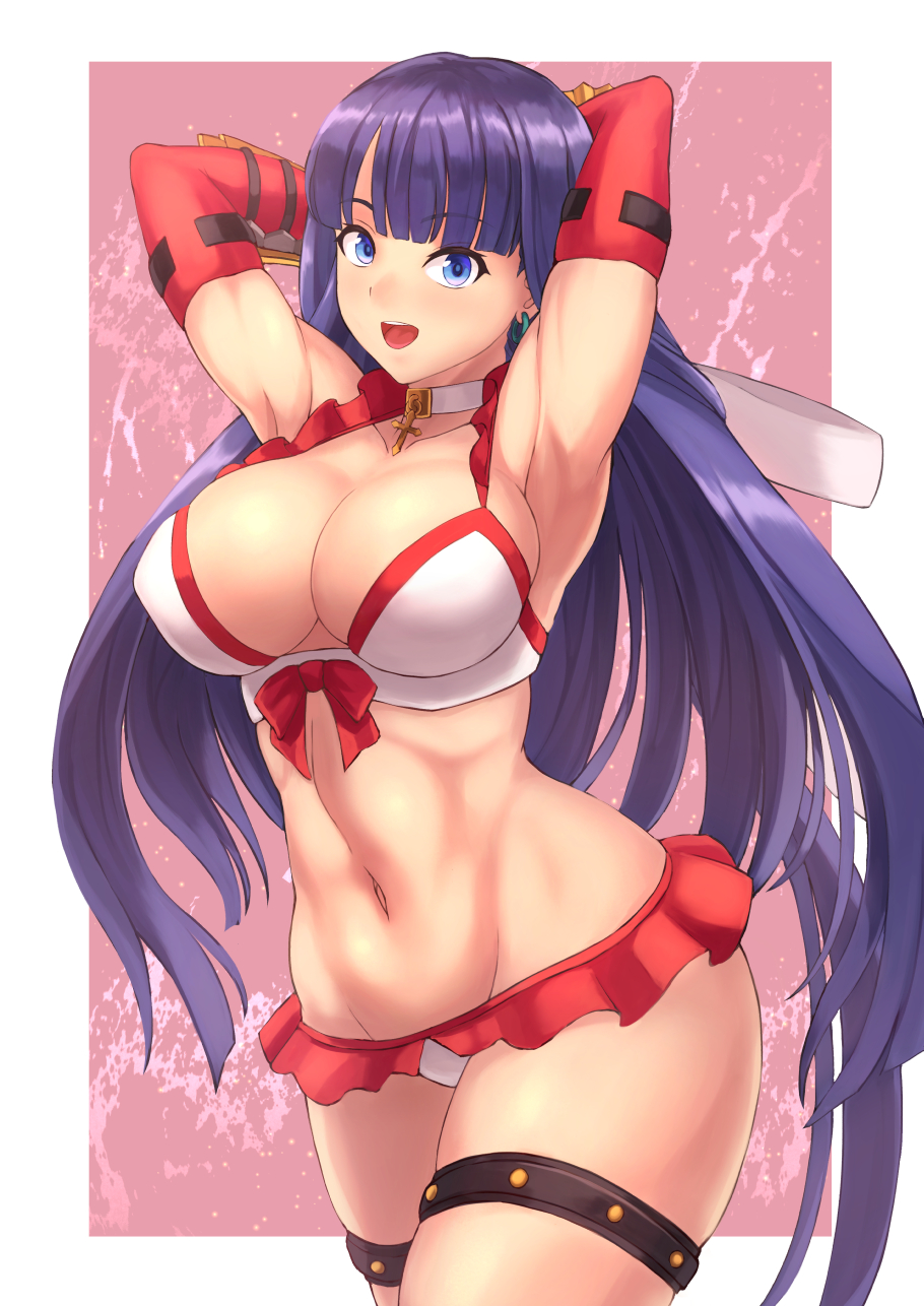 1girl armpits arms_up bangs bikini blue_eyes blush breasts cross_choker elbow_gloves fate/grand_order fate_(series) frilled_bikini frills gloves highres kanki_(kibunhasaikou) large_breasts long_hair looking_at_viewer navel open_mouth purple_hair red_gloves saint_martha saint_martha_(swimsuit_ruler)_(fate) smile solo swimsuit thigh_strap