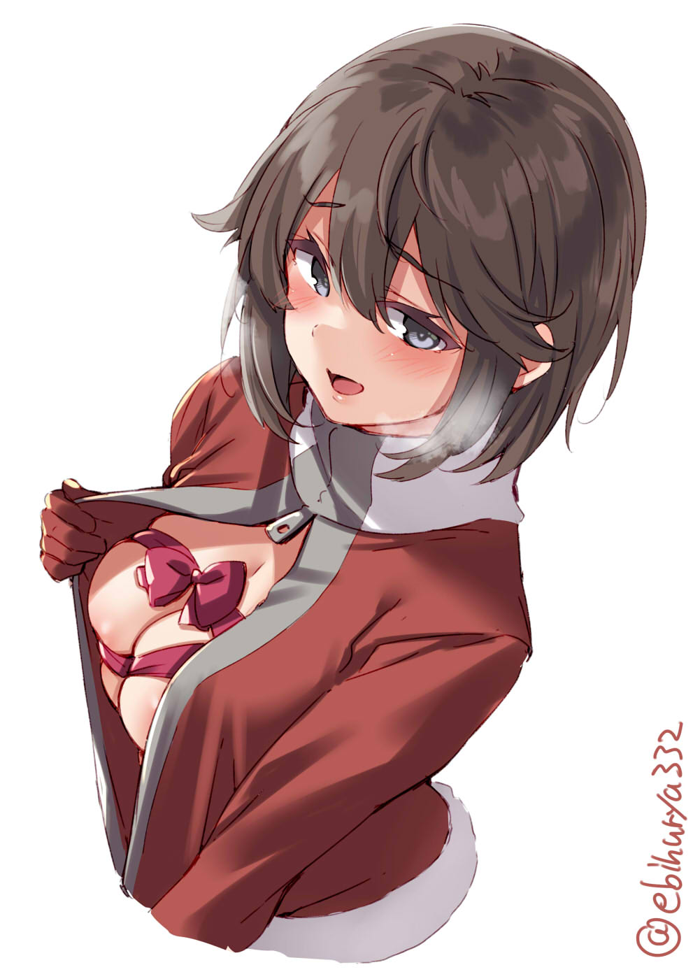 1girl black_hair breasts cleavage ebifurya gloves hayasui_(kantai_collection) highres jacket kantai_collection medium_breasts no_bra official_alternate_costume open_clothes open_jacket red_gloves red_jacket red_ribbon ribbon short_hair silver_eyes simple_background solo twitter_username upper_body white_background