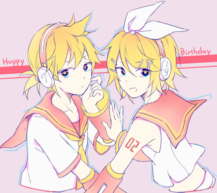 1boy 1girl black_eyes blonde_hair bow breasts brother_and_sister detached_sleeves hair_bow hair_ornament hairclip happy_birthday headphones headset kagamine_len kagamine_len_(vocaloid4) kagamine_rin kagamine_rin_(vocaloid4) limited_palette looking_at_viewer midriff moa_(fade64222) number_tattoo sailor_collar shirt shorts shoulder_tattoo siblings sketch sleeveless sleeveless_shirt small_breasts tattoo treble_clef twins upper_body vocaloid