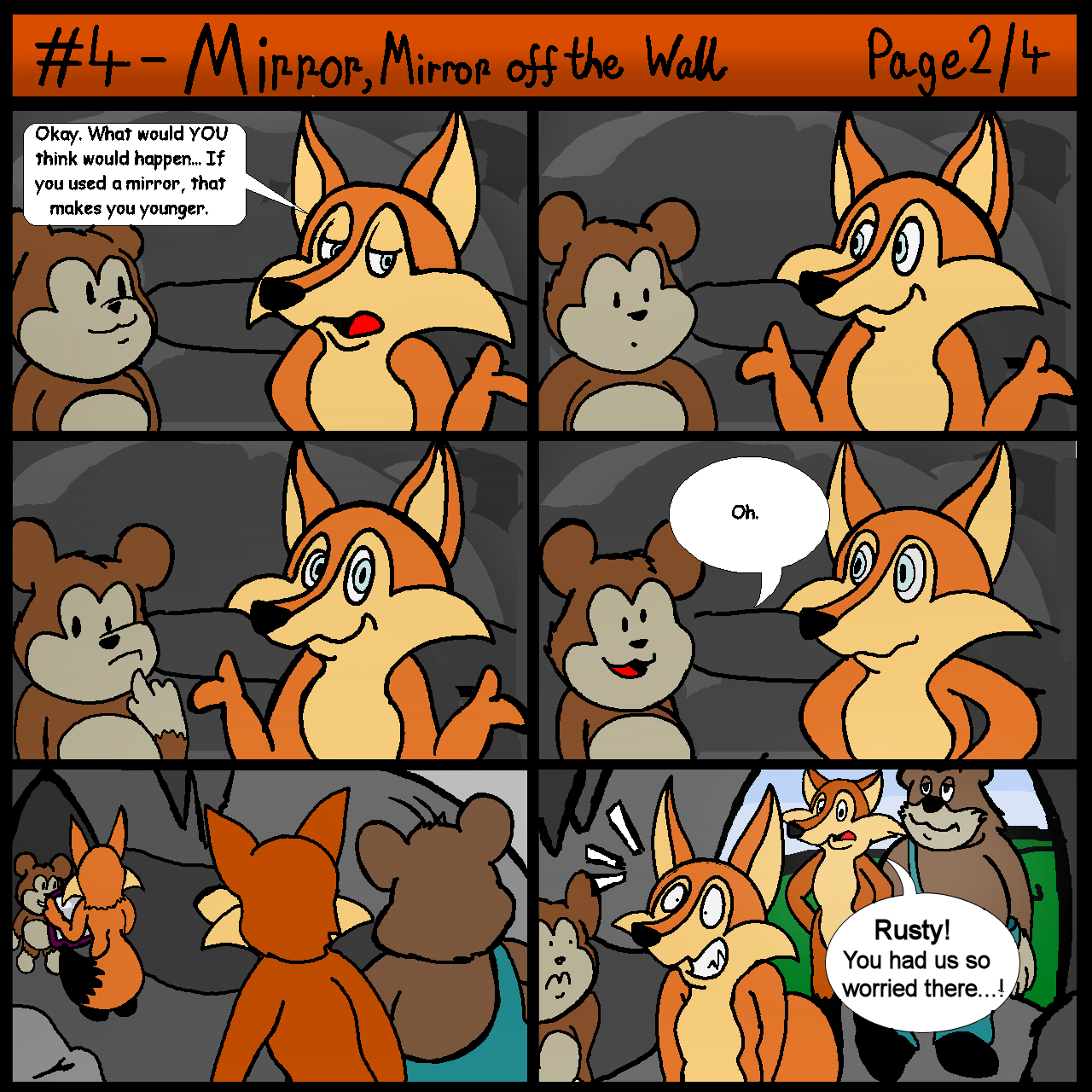 abner_(chucklewood_critters) age_regression brandonbradinski buttons_(chucklewood_critters) canid canine chucklewood_critters comic fox george_(chucklewood_critters) group hi_res magic magic_mirror male male/male mammal rusty_(chucklewood_critters) ursid