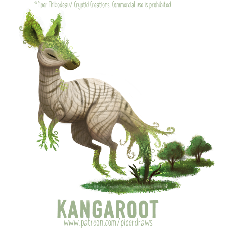 2020 ambiguous_gender anthro cryptid-creations english_text eyes_closed grass grey_body humor kangaroo leaf macropod mammal marsupial moss plant pun shrub simple_background solo tan_body text tree tree_bark url visual_pun white_background