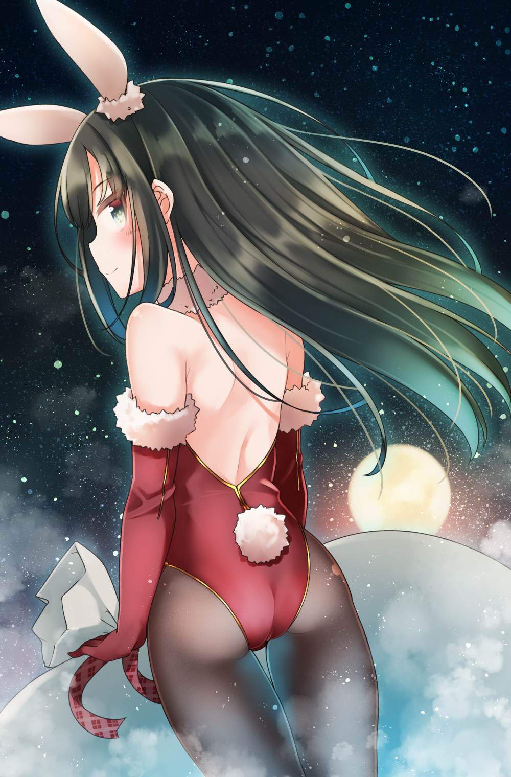 1girl animal_ears asashio_(kantai_collection) ass bangs bare_shoulders black_hair blush brown_legwear bunny_ears bunny_tail comah commentary_request elbow_gloves eyebrows_visible_through_hair from_behind full_moon fur-trimmed_gloves fur_trim gloves grey_eyes hair_between_eyes highres kantai_collection kemonomimi_mode leotard long_hair looking_at_viewer looking_back moon pantyhose profile rabbit_girl red_gloves red_leotard sack solo strapless strapless_leotard tail thigh_gap very_long_hair