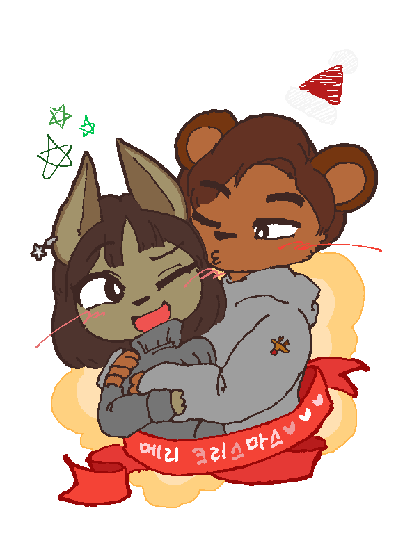 aliasing alpha_channel anthro canid canine canis cha_hieun christmas clothing domestic_dog duo ear_piercing ear_ring female holidays hug kim_soohyun kissing korean_text male male/female mammal piercing pipepo simple_background smile text transparent_background ursid