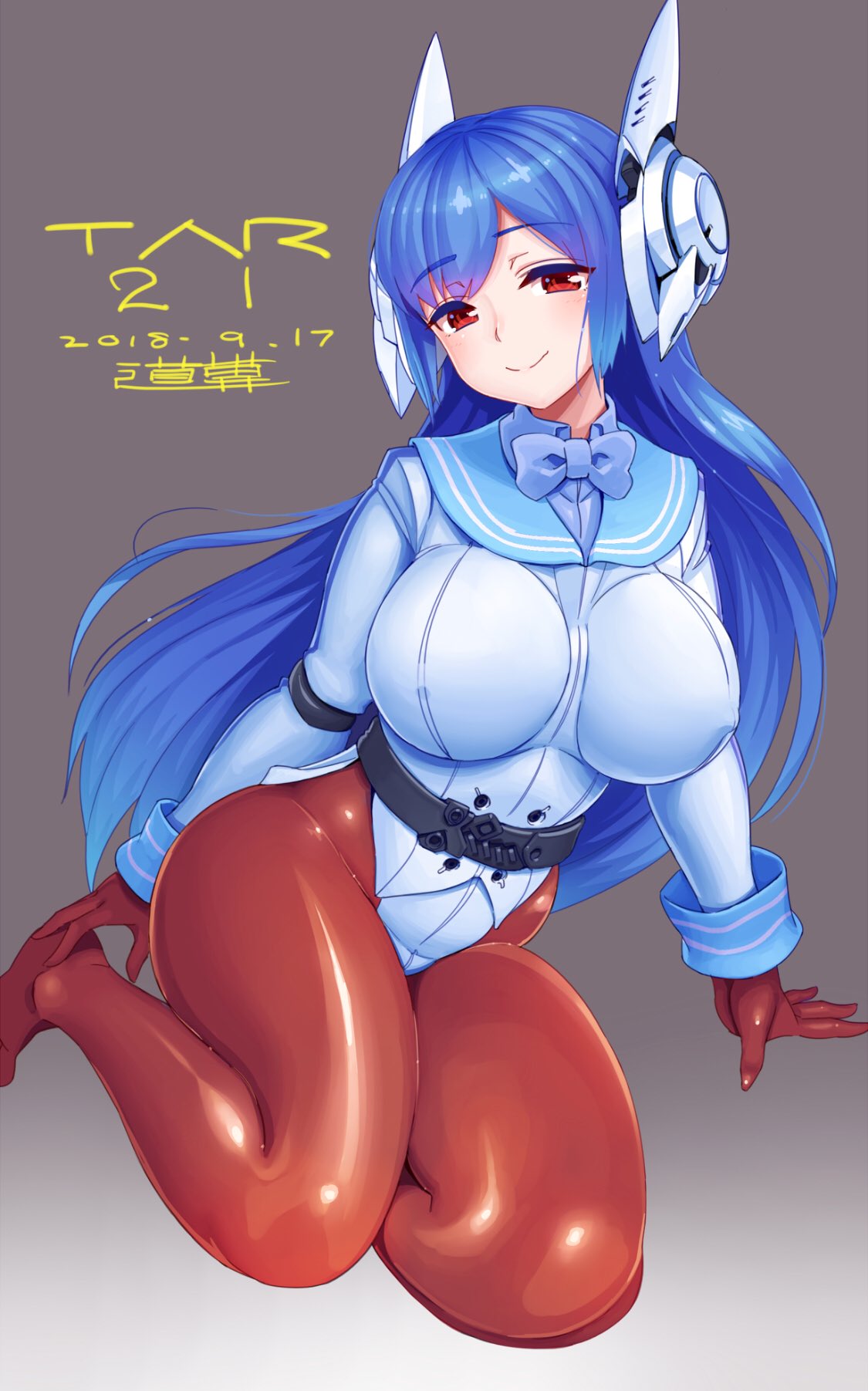 1girl bangs blue_hair blue_neckwear bodysuit_under_clothes bow bowtie breasts character_name collared_shirt covered_nipples dated eyebrows_visible_through_hair girls_frontline gradient gradient_background highres large_breasts leaning_to_the_side mechanical_ears michi_kuso pantyhose red_eyes shirt signature sitting skin_tight solo tar-21_(girls_frontline)