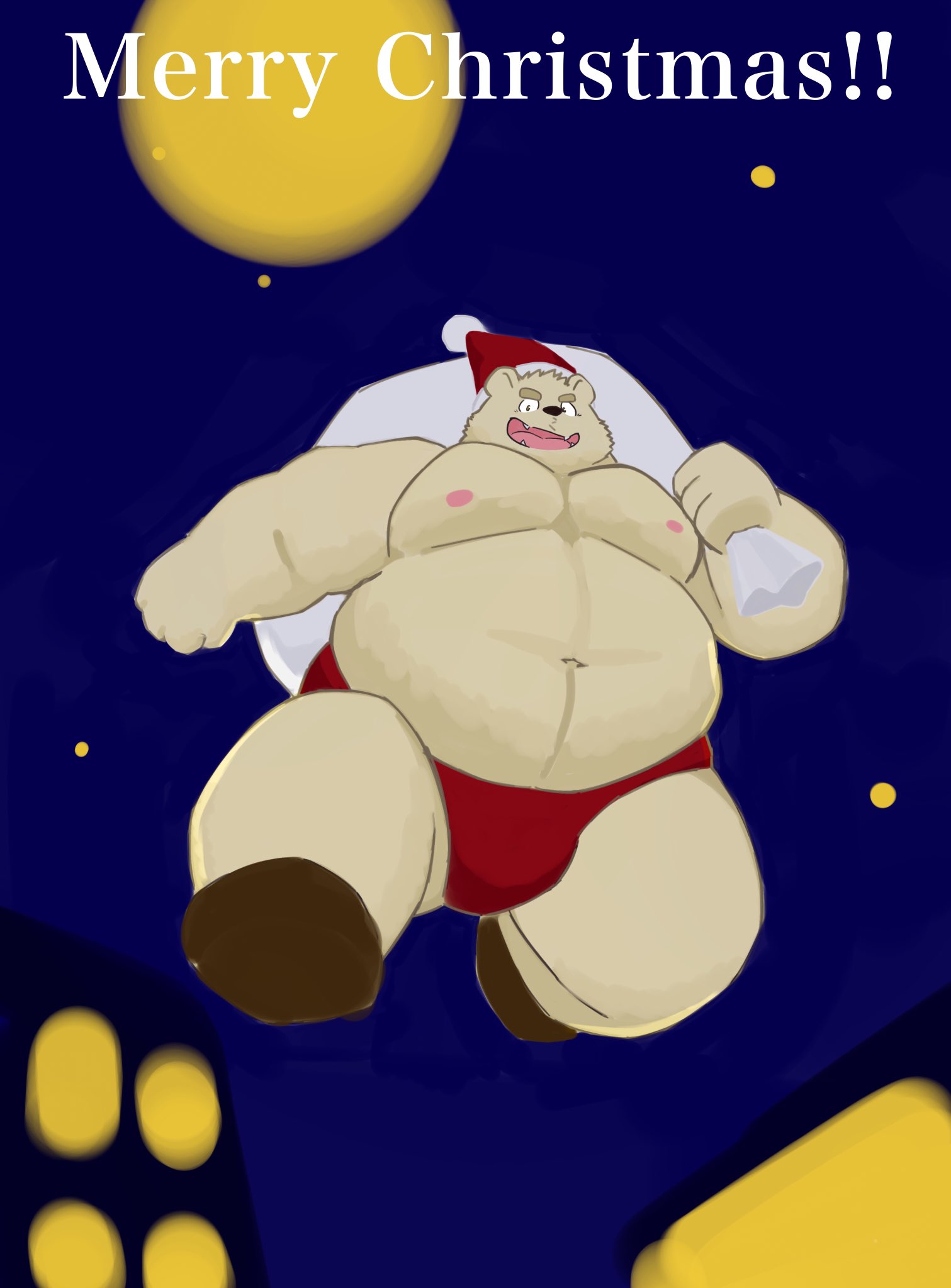 2020 anthro belly christmas christmas_clothing christmas_headwear clothing hat headgear headwear hi_res holidays humanoid_hands kemono male mammal moobs navel night nipples outside overweight overweight_anthro overweight_male santa_claus santa_hat solo ursid yuuh1212
