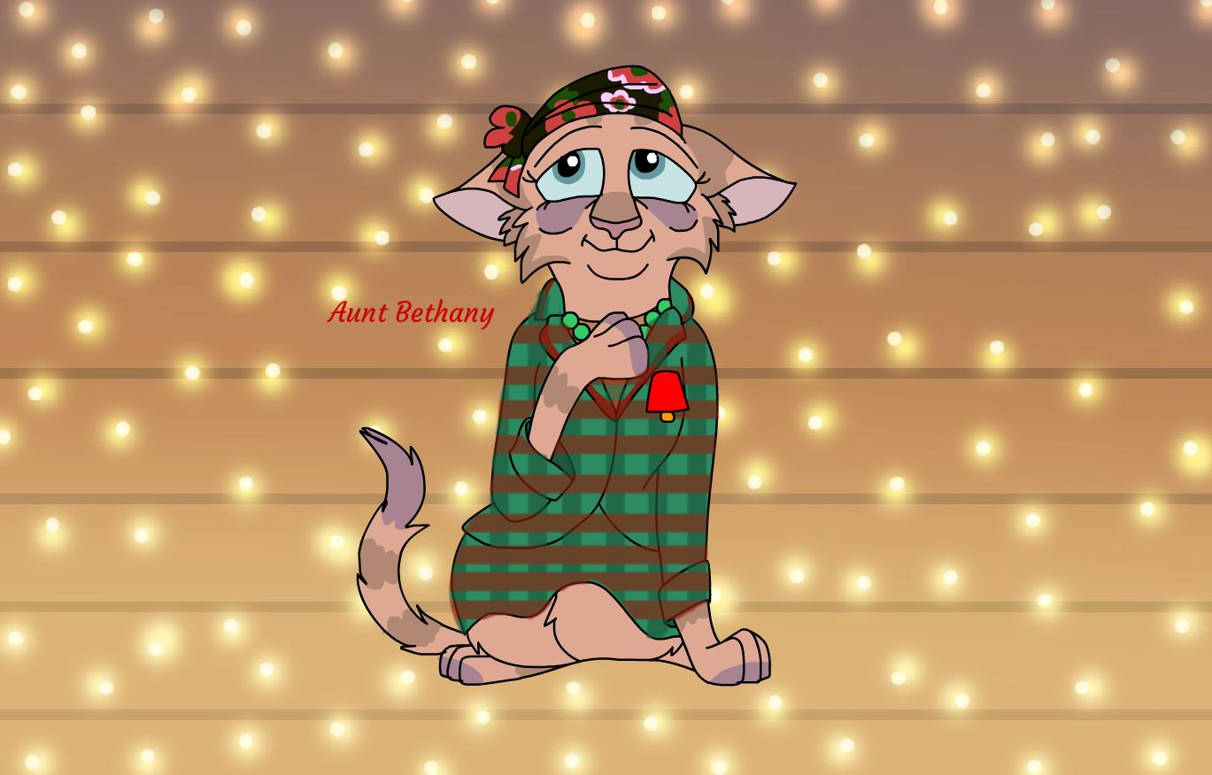 aunt_bethany bell blue_eyes brown_body brown_fur christmas_lights clothing domestic_cat eye_bags felid feline felis female fur jewelry kerchief mammal national_lampoon's_christmas_vacation necklace old sweater thedawnmist topwear
