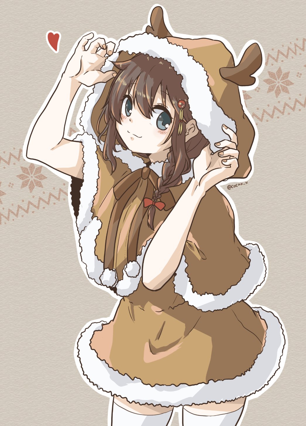 1girl :3 ahoge alternate_costume blue_eyes blush braid brown_background brown_capelet brown_hair capelet cocax_x cowboy_shot from_side fur-trimmed_capelet fur_trim hair_flaps hair_ornament hair_over_shoulder heart highres hood hooded_capelet kantai_collection looking_at_viewer remodel_(kantai_collection) shigure_(kantai_collection) simple_background smile solo thighhighs twitter_username white_legwear