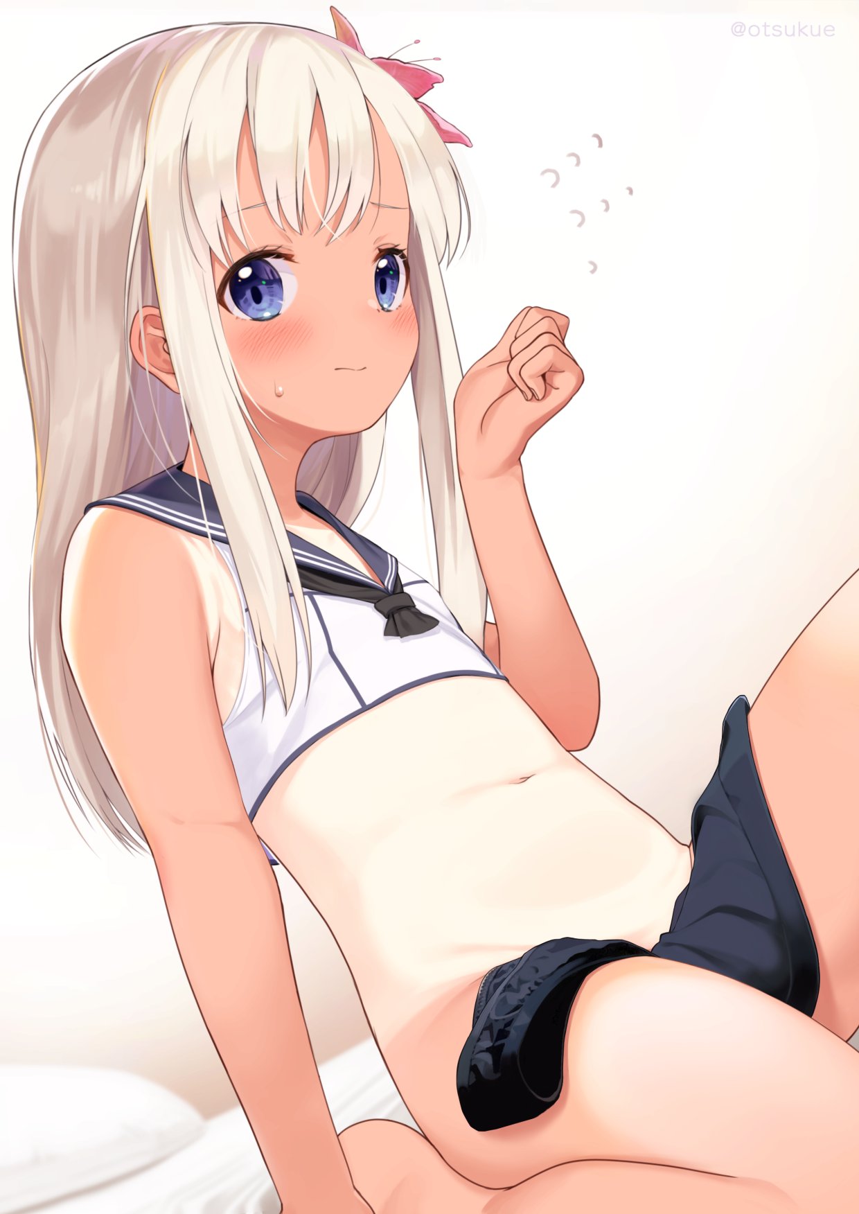 1girl black_swimsuit blonde_hair blue_eyes blue_sailor_collar blurry blurry_background blush bottomless closed_mouth commentary_request crop_top depth_of_field dx_(dekusu) flat_chest flower flying_sweatdrops hair_between_eyes hair_flower hair_ornament highres kantai_collection long_hair looking_at_viewer navel on_bed one-piece_tan pillow pink_flower ro-500_(kantai_collection) sailor_collar sailor_shirt school_swimsuit shirt sitting sleeveless sleeveless_shirt solo swimsuit tan tanline twitter_username white_shirt
