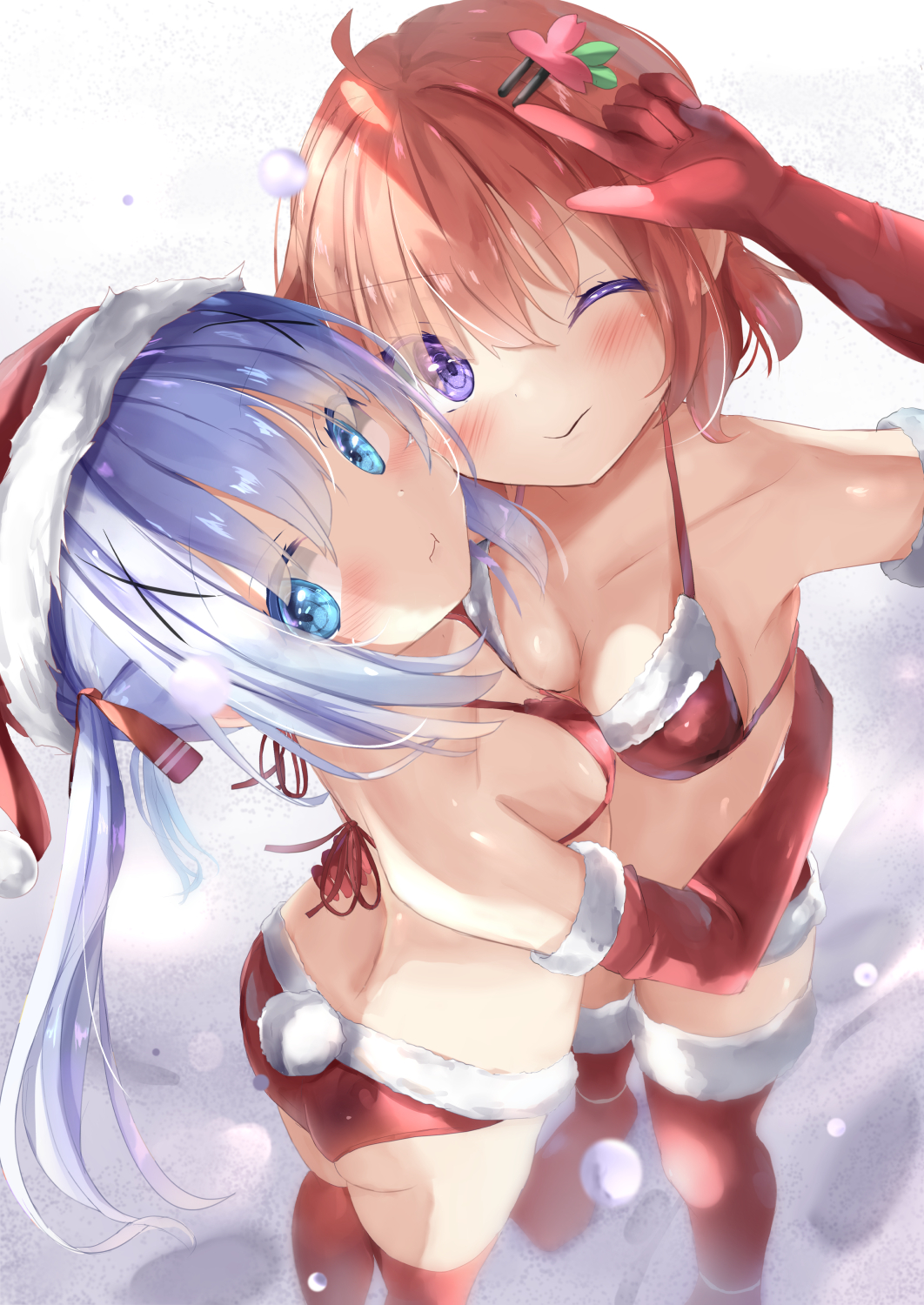 2girls :t ;) ahoge arm_up ass bare_shoulders bikini blue_eyes blue_hair blush boots breasts brown_hair bunny_tail closed_mouth commentary_request elbow_gloves from_above fur-trimmed_bikini fur-trimmed_gloves fur-trimmed_headwear fur-trimmed_legwear fur_trim gloves gochuumon_wa_usagi_desu_ka? hair_ornament hairclip hat highres hoto_cocoa kafuu_chino long_hair looking_at_viewer medium_breasts multiple_girls na!?_(naxtuyasai) one_eye_closed pouch red_bikini red_footwear red_gloves red_headwear red_legwear santa_bikini santa_hat smile standing swimsuit tail thighhighs twintails very_long_hair wavy_mouth