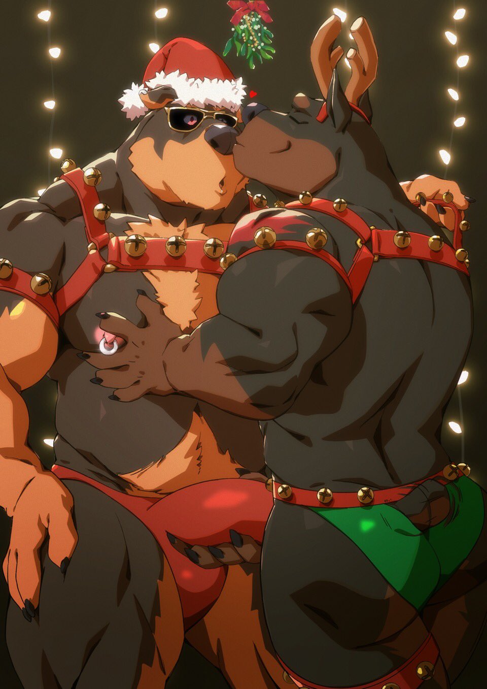 5_fingers anthro barazoku bell bell_harness biceps black_body body_hair bulge butt canid canine canis chest_hair christmas christmas_clothing christmas_headwear clothing dobermann domestic_dog duo eyewear fake_antlers fingers genitals hand_on_chest harness hat headgear headwear hi_res holding_penis holidays jingle_bell jingle_bell_harness kissing male male/male mammal mastiff mistletoe molosser muscular muscular_anthro muscular_male nipple_piercing nipples nose_kiss penis piercing pinscher plant rennin rottweiler santa_hat speedo sunglasses swimwear taoren