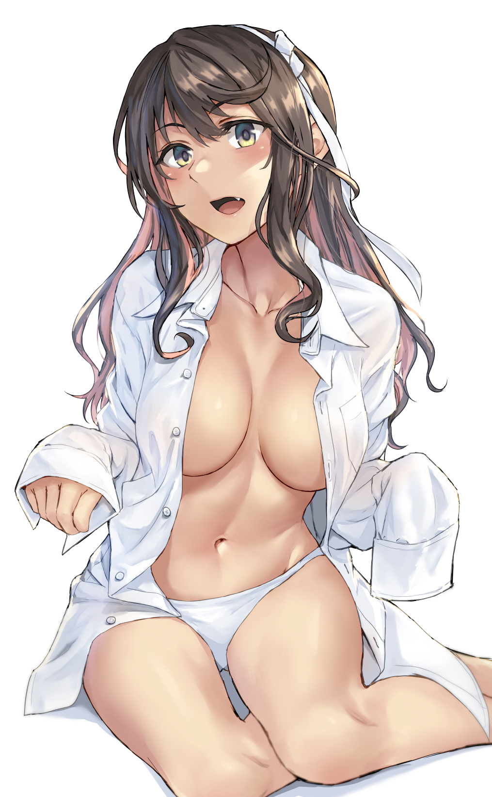1girl black_hair blush breasts buttons collarbone collared_shirt commentary_request eyebrows_visible_through_hair fang hair_between_eyes hair_ribbon hairband highres kantai_collection kokuzou large_breasts long_hair looking_at_viewer multicolored_hair naganami_(kantai_collection) navel no_bra open_clothes open_mouth open_shirt panties pink_hair remodel_(kantai_collection) ribbon shirt simple_background sleeves_past_fingers sleeves_past_wrists solo two-tone_hair underwear wavy_hair white_background white_hairband white_panties white_shirt yellow_eyes