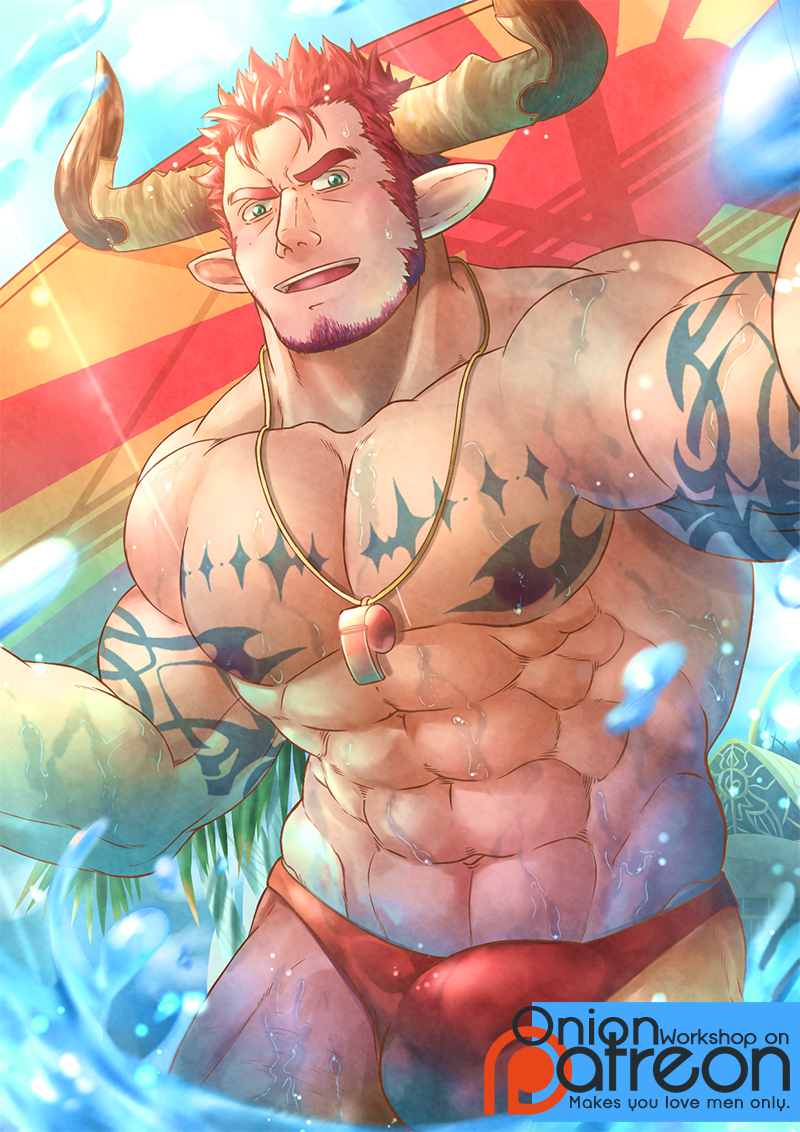 1boy abs agielba alternate_costume arm_tattoo bara bare_pecs beard blush bulge chest_tattoo cow_horns cowboy_shot draph facial_hair granblue_fantasy green_eyes horns lifeguard male_focus male_swimwear muscular muscular_male navel nipples onionworkshop outdoors pectorals red_hair reward_available short_hair solo stomach summer surfboard sweat swim_briefs swimwear tattoo wet whistle whistle_around_neck