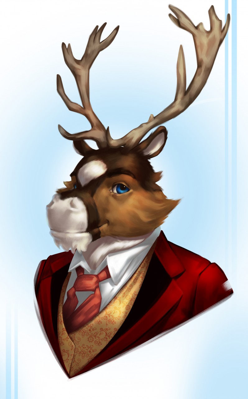 2019 anthro antlers blue_eyes brown_body brown_fur capreoline cervid clothed clothing eyebrows fur gradient_background hi_res horn looking_at_viewer male mammal necktie pimpartist portrait reindeer simple_background smile solo suit traditional_media_(artwork) white_body white_fur