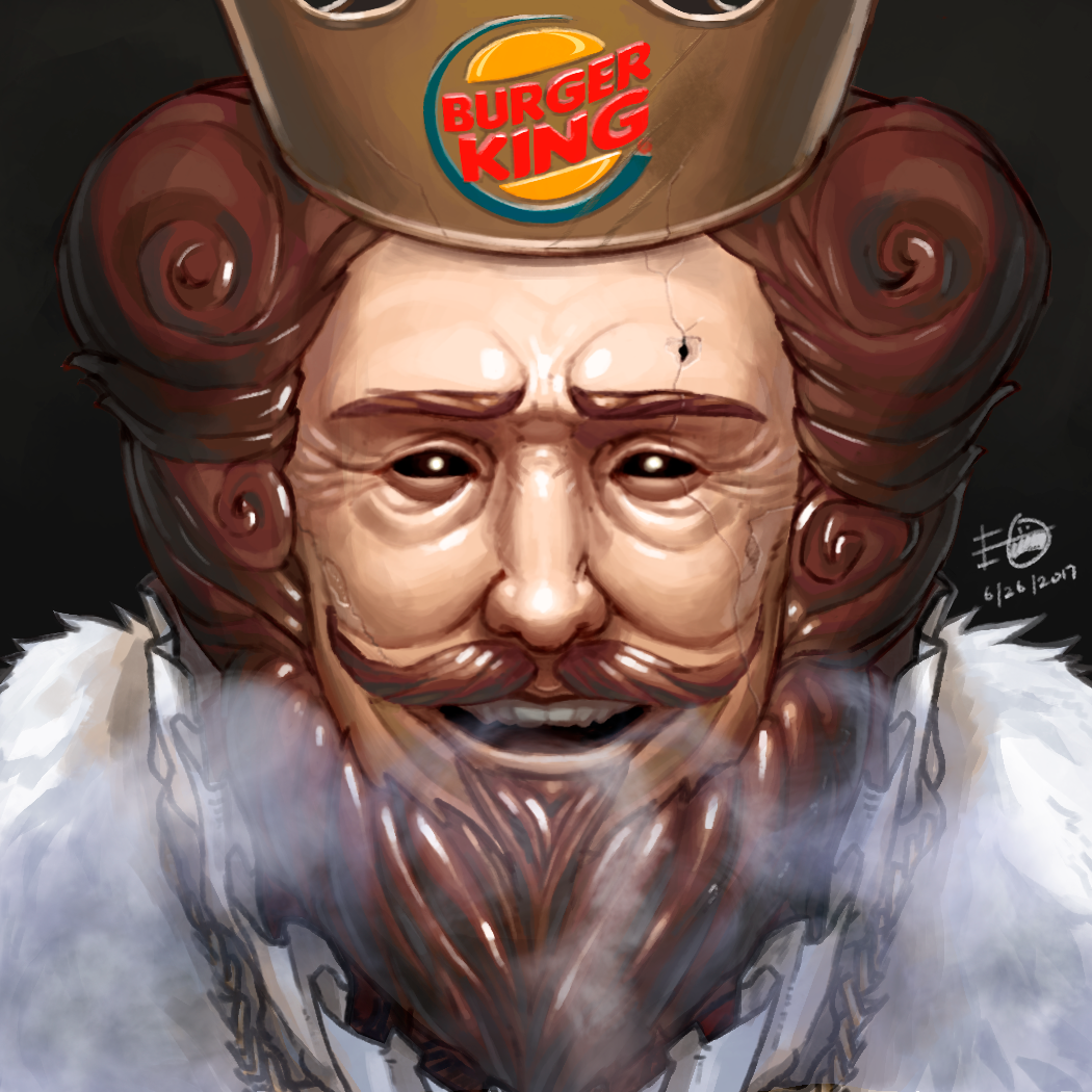 1boy amuscaria black_sclera breath bright_pupils brown_eyes brown_hair burger_king cape commentary copyright_name cracked_skin crown curly_hair dated english_commentary eyes face facial_hair fur-trimmed_cape fur_trim furrowed_eyebrows goatee horror_(theme) lips logo looking_at_viewer male_focus mustache nose short_hair signature simple_background solo the_king_(burger_king) thick_eyebrows upper_teeth white_pupils wrinkled_skin
