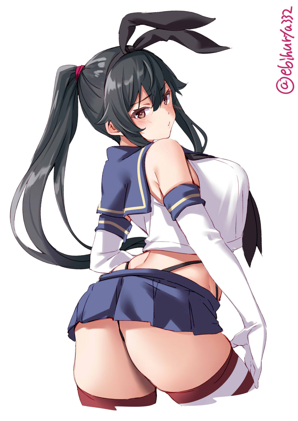 1girl alternate_costume ass black_hair black_hairband black_panties blush breasts brown_hair cosplay crop_top cropped_legs ebifurya elbow_gloves eyebrows_visible_through_hair from_behind gloves hairband hand_on_leg highleg highleg_panties highres kantai_collection large_breasts long_hair looking_at_viewer looking_back microskirt miniskirt panties ponytail sailor_collar school_uniform serafuku shimakaze_(kantai_collection) shimakaze_(kantai_collection)_(cosplay) sidelocks simple_background skirt solo striped striped_legwear thighhighs twitter_username underwear white_background white_gloves yahagi_(kantai_collection)