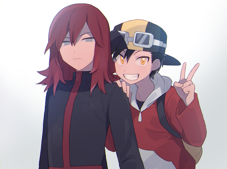 2boys backwards_hat bangs baseball_cap black_hair black_shirt clenched_teeth closed_mouth ethan_(pokemon) goggles goggles_on_headwear grey_eyes hair_between_eyes hand_on_another's_shoulder hat long_sleeves looking_at_viewer male_focus multiple_boys orange_eyes oshi_taberu pokemon pokemon_adventures red_hair shirt silver_(pokemon) smile teeth v