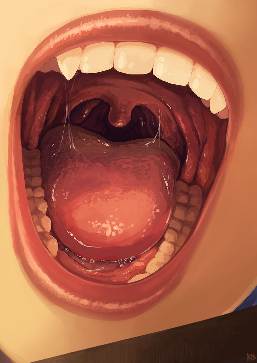 1girl artist_name bubble character_request close-up copyright_request fangs highres karbo lips open_mouth pov saliva shiny solo source_request teeth throat tongue uvula