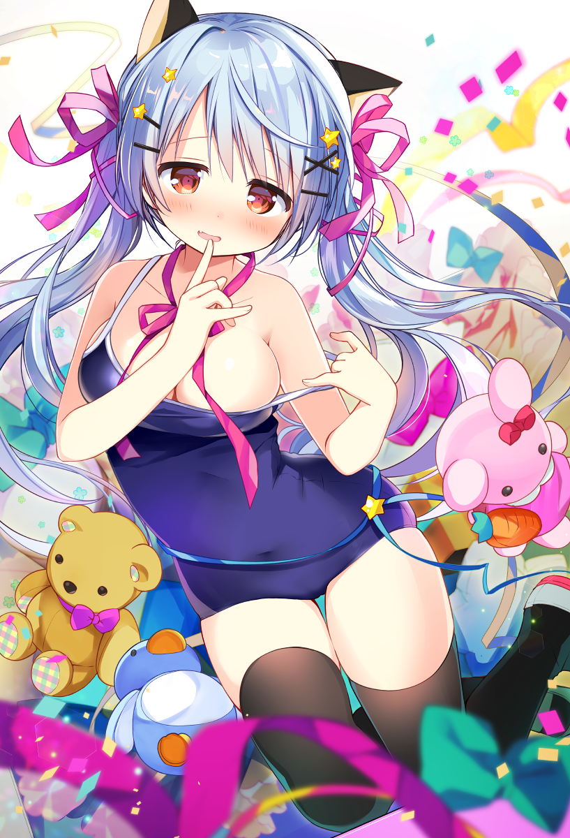1girl animal_ears bare_arms bare_shoulders black_legwear blue_hair blush breasts cat_ears cleavage commentary_request covered_navel fang hair_ornament hair_ribbon hairclip highres large_breasts long_hair looking_at_viewer nagayama_yuunon original parted_lips pink_ribbon pulled_by_self red_eyes ribbon school_swimsuit shoes smile solo star_(symbol) star_hair_ornament strap_pull stuffed_animal stuffed_bunny stuffed_penguin stuffed_toy swimsuit teddy_bear thighhighs twintails uwabaki very_long_hair white_footwear x_hair_ornament