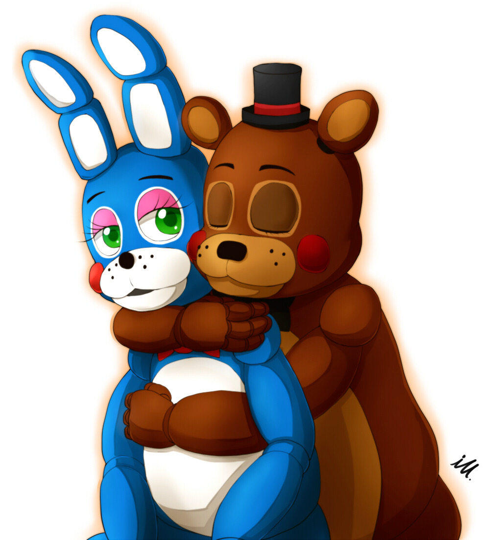 2015 ambiguous_gender animatronic anthro blue_body bow_tie brown_body clothing duo eyes_closed five_nights_at_freddy's five_nights_at_freddy's_2 freckles green_eyes hat headgear headwear hug hugging_from_behind ill825_(artist) lagomorph leporid long_ears looking_at_another machine mammal multicolored_body rabbit red_cheeks robot romantic_ambiance signature toy_bonnie_(fnaf) toy_freddy_(fnaf) ursid ursine video_games