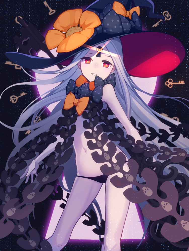 1girl abigail_williams_(fate/grand_order) black_bow black_gloves black_hat black_panties bow breasts fate/grand_order fate_(series) gloves glowing grey_hair hat hat_bow kari_(hotaru_kago) long_hair looking_at_viewer navel orange_bow pale_skin panties polka_dot polka_dot_bow red_eyes revealing_clothes skull_print small_breasts solo topless underwear v-shaped_eyebrows very_long_hair witch_hat