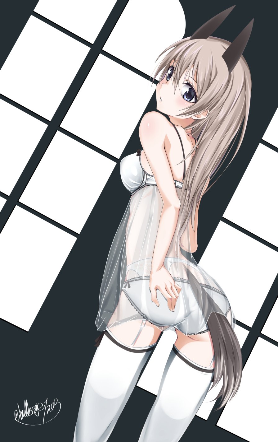 1girl :o animal_ears bangs blue_eyes bra breasts bullseye1203 chemise commentary cowboy_shot eila_ilmatar_juutilainen eyebrows_visible_through_hair from_behind garter_straps grey_bra grey_legwear grey_panties hand_on_own_ass highres lace lace-trimmed_bra lace-trimmed_panties leaning_forward lingerie lips long_hair looking_at_viewer looking_back panties parted_lips see-through signature silver_hair small_breasts solo standing strike_witches symbol_commentary tail thighhighs twitter_username underwear world_witches_series