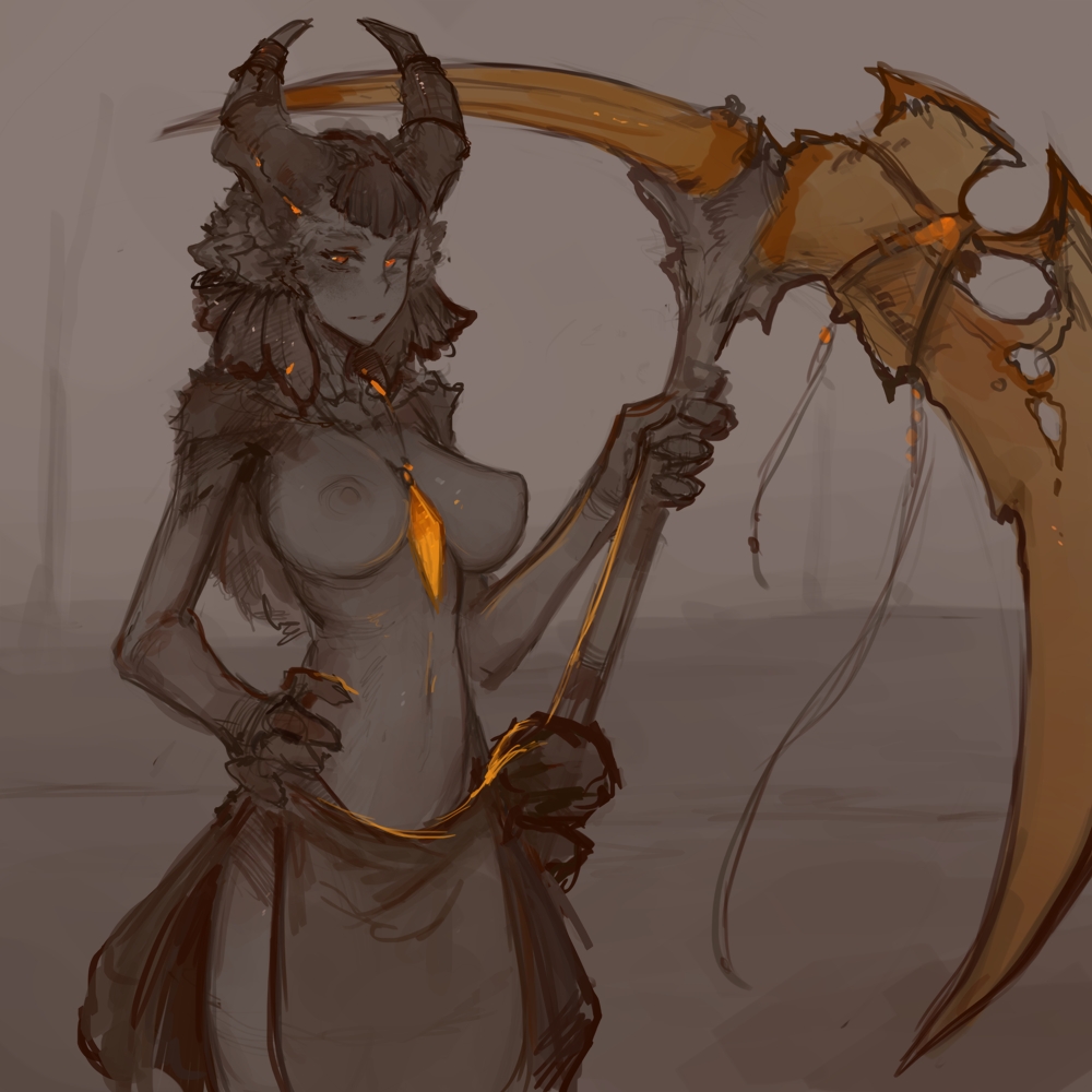 1:1 bangs big_breasts bottomwear breasts clothed clothing demon demon_humanoid female grey_body grey_hair grey_skin hair holding_object holding_weapon horn humanoid jewelry loincloth long_hair looking_at_viewer melee_weapon navel necklace nipples not_furry orange_eyes polearm restricted_palette scythe small_waist solo standing syvaron topless weapon