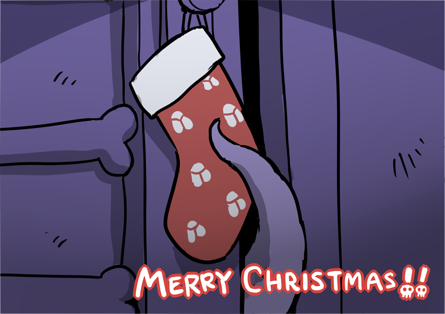 bone bug christmas christmas_stocking commentary door english_text fly helltaker insect insect_print kyo-hei_(kyouhei) merry_christmas no_humans tentacles