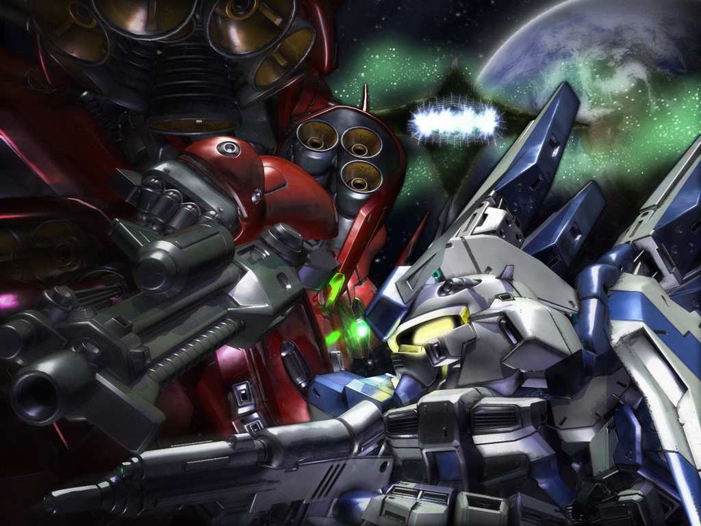 a_mituhashi axis_(gundam) beam_rifle char's_counterattack char's_counterattack_-_beltorchika's_children chibi commentary_request earth_(planet) energy_gun eye_contact glowing glowing_eyes green_eyes gundam hi-nu_gundam light_particles looking_at_another mecha mobile_suit nightingale no_humans one-eyed planet sd_gundam shield space star_(sky) v-fin weapon yellow_eyes