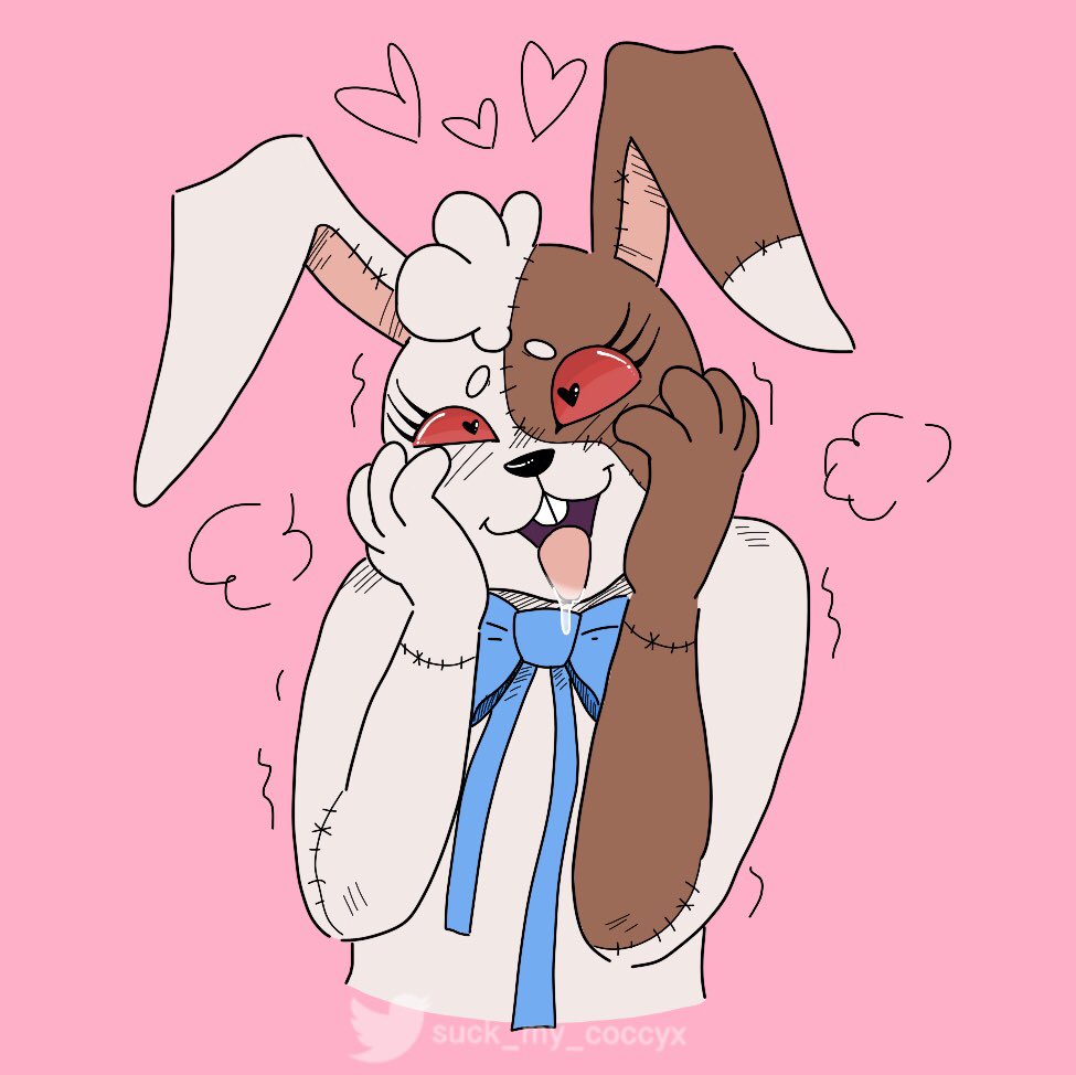 &lt;3 &lt;3_eyes 2020 anthro black_blush black_eyes black_nose blue_bow_tie blush bodily_fluids bow_tie brown_ears brown_face brown_hands buckteeth female five_nights_at_freddy's five_nights_at_freddy's:_security_breach fur hand_on_face lagomorph leporid mammal multicolored_arms multicolored_face multicolored_hands open_mouth pink_background pink_tongue rabbit red_sclera saliva shaking signature simple_background solo stitch_(sewing) suck_my_coccyx teeth text tongue tongue_out vanny_(fnaf) video_games white_body white_fur