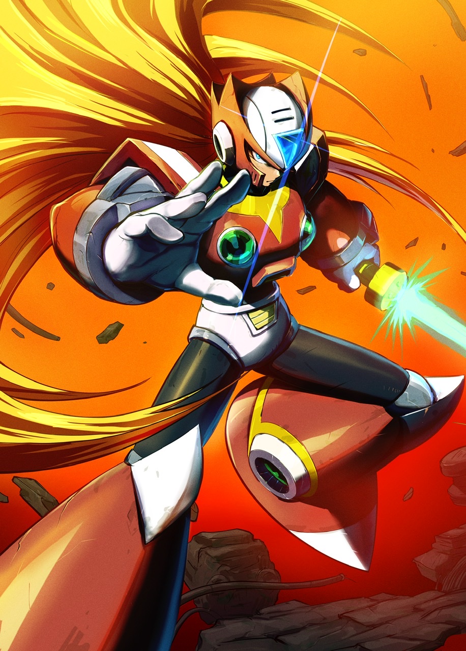 1boy android armor blonde_hair energy_sword gloves green_eyes helmet highres holding hoshi_mikan long_hair looking_at_viewer male_focus ponytail robot rockman rockman_x solo sword very_long_hair weapon zero_(rockman)