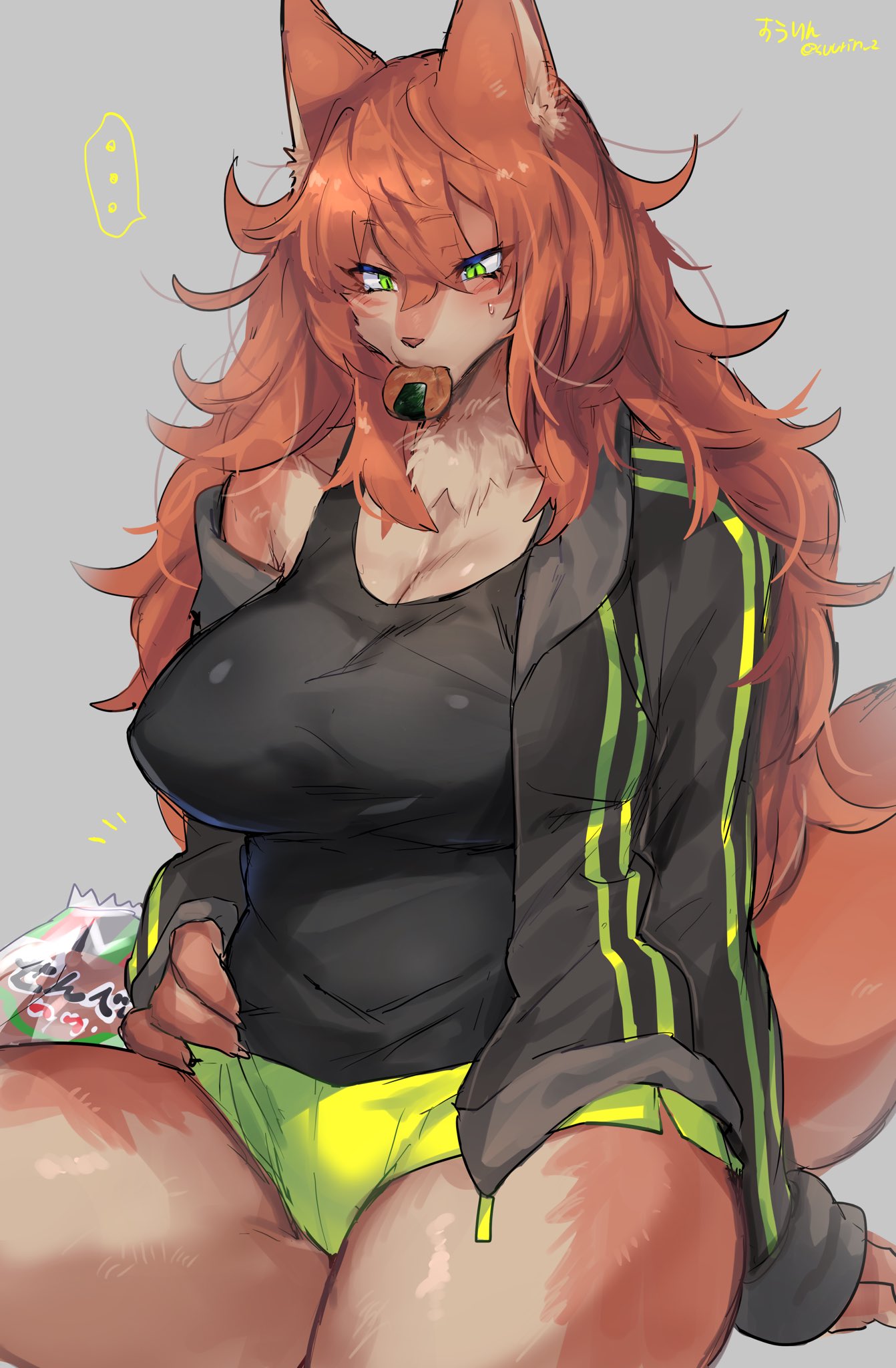 ... anthro bag big_breasts bottomwear breasts canid canine clothed clothing female fingers fox green_eyes hair hi_res jacket japanese_text kemono ksyaro long_hair mammal rice_cake shirt shorts sitting solo sweater tank_top text topwear