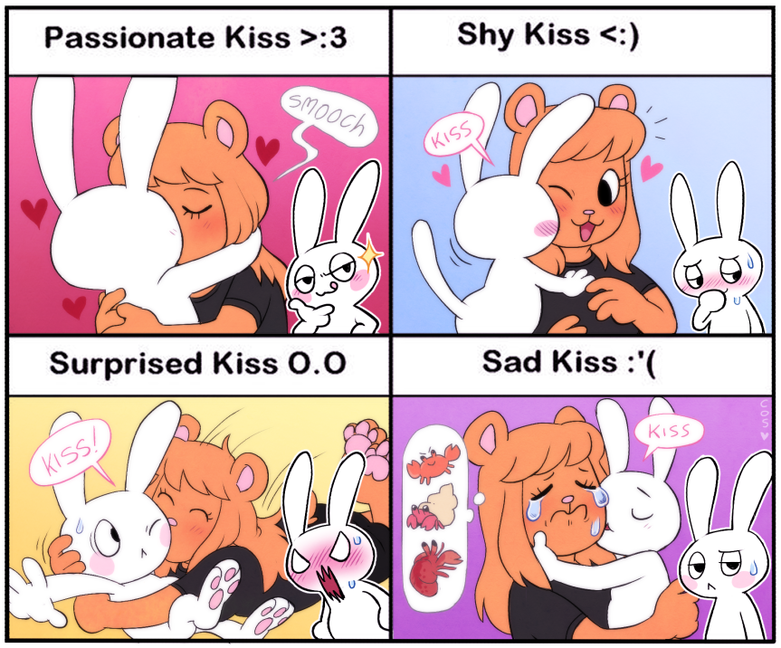 &lt;3 angry anthro bodily_fluids border comic cuteosphere dating duo female kissing kissing_cheek lagomorph leporid male male/female mammal rabbit romance sad shy surprise sweat ursid white_border