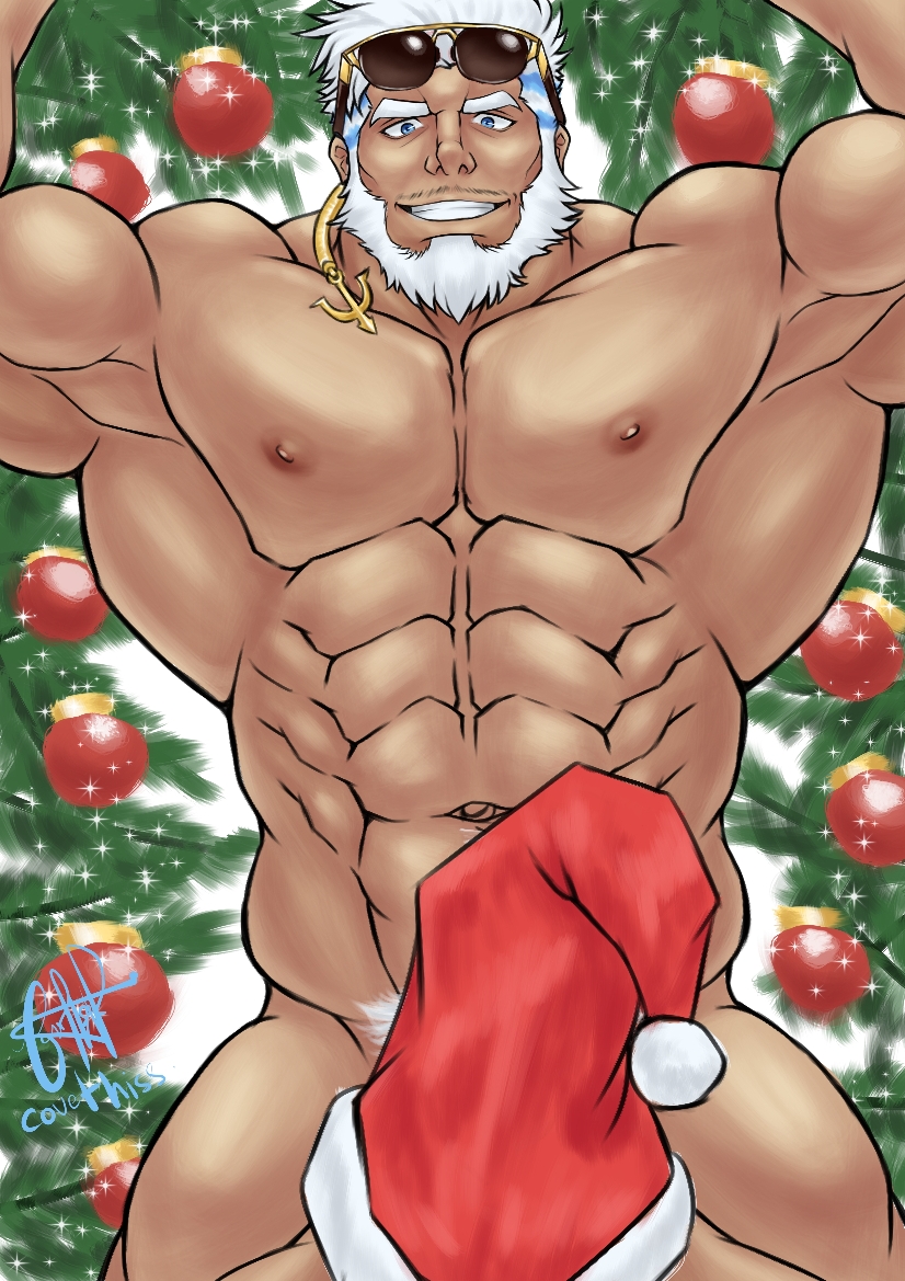 1boy abs aegir_(tokyo_houkago_summoners) anchor_earrings aqua_hair armpits bara beard blue_eyes christmas christmas_ornaments christmas_tree covered_penis covet_hiss dark_skin dark_skinned_male earrings erection erection_under_clothes eyewear_on_head facial_hair hat hat_on_penis jewelry male_focus multicolored_hair muscular muscular_male navel nipples pectorals santa_hat short_hair single_earring solo streaked_hair tokyo_houkago_summoners white_hair