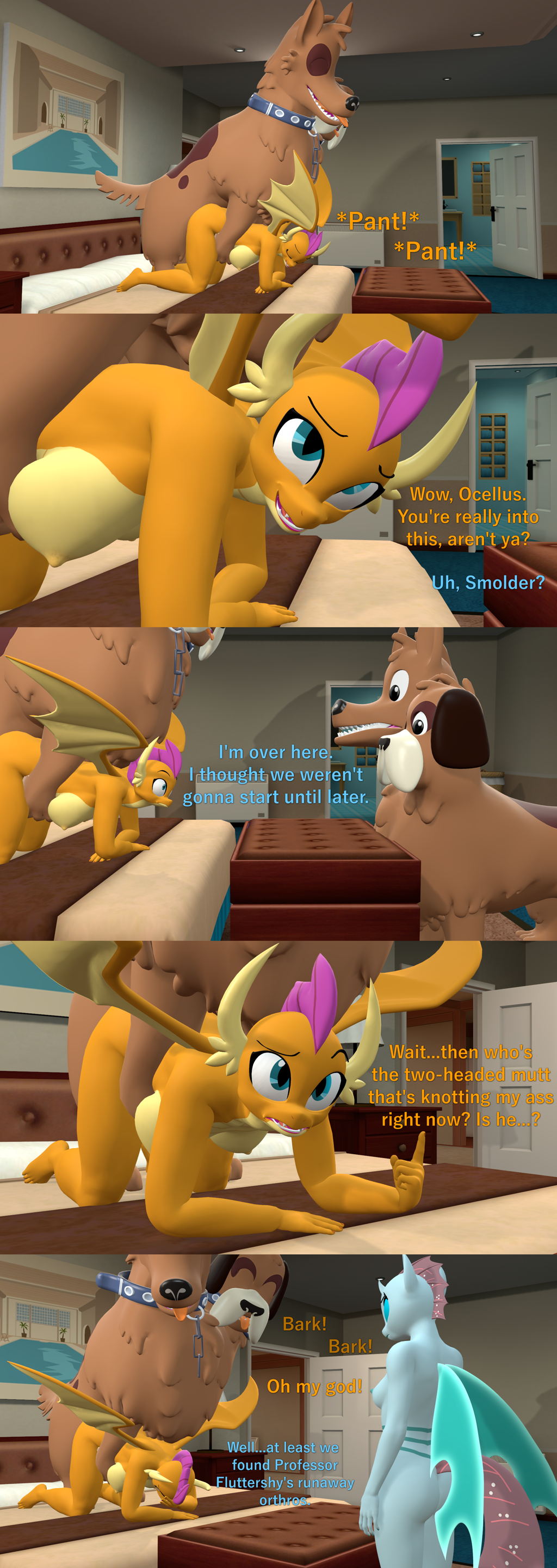 3d_(artwork) absurd_res anal anal_knotting anal_penetration anthro arthropod bed bestiality blue_body blue_eyes blue_wings breasts brown_body brown_fur canid canine canis changeling collar comic dialogue digital_media_(artwork) disguise disguised_changeling domestic_dog dragon dragon_wing duo english_text female feral friendship_is_magic fur furniture group hasbro hi_res horn insect insect_wings interspecies knotting male male/female mammal multi_head my_little_pony nipples ocellus_(mlp) orange_body orange_scales orthros orthros_(mlp) papadragon69 penetration reptile scales scalie sex smolder_(mlp) smolthros source_filmmaker text wings