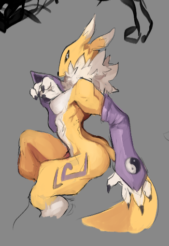 anthro black_sclera blue_eyes breasts butt canid canine claws clothing digimon digimon_(species) female fluffy fox fur mammal markings muscular muscular_anthro muscular_female purple_clothing renamon sharp_claws sketch sleeves solo spaboofy yellow_body yellow_fur