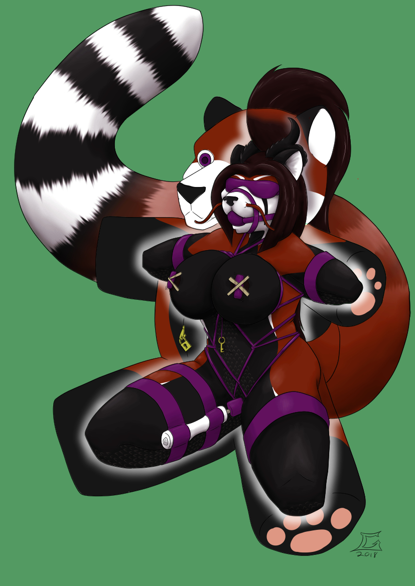 2018 ailurid anthro ayame_(darkwalker34) ball_gag bdsm bitchsuit black_horn black_nose blindfold bondage bound breasts female fixed_toy frogtied gag gagged goliathcpg horn key legs_tied lock mammal nipples padlock purple_ball_gag purple_eyes purple_rope red_panda rope rope_bondage sensory_deprivation solo striped_tail stripes toyification vibrator_on_pussy